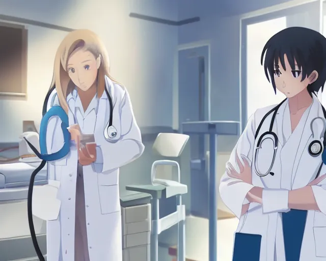 Image similar to a cute young female doctor wearing white coat are talking with a patient in a hospital, slice of life anime, lighting, anime scenery by Makoto shinkai