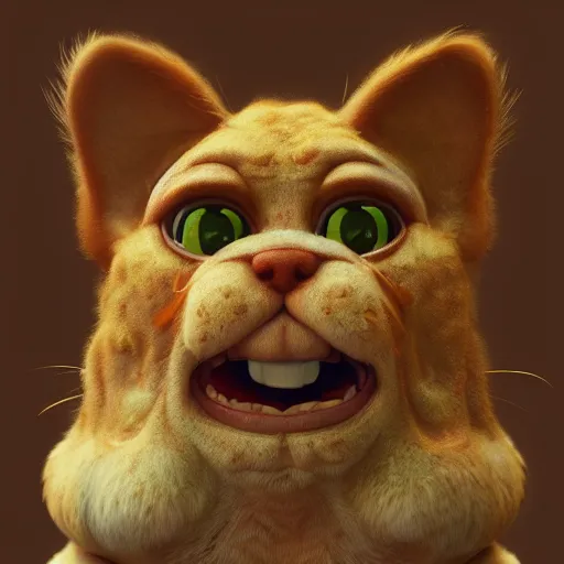 Image similar to garfield, au naturel, hyper detailed, digital art, trending in artstation, cinematic lighting, studio quality, smooth render, unreal engine 5 rendered, octane rendered, art style by klimt and nixeu and ian sprigger and wlop and krenz cushart.