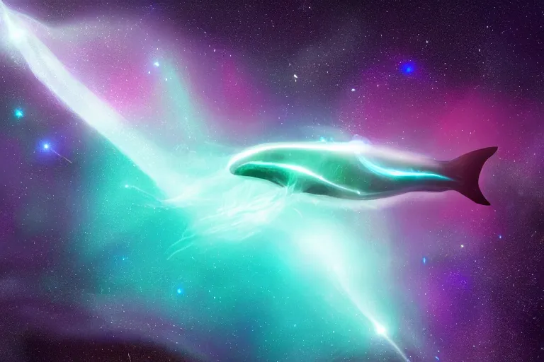 Image similar to a bioluminescent whale jumping through a space nebula leaving stardust trails behind, digital art, photorealistic