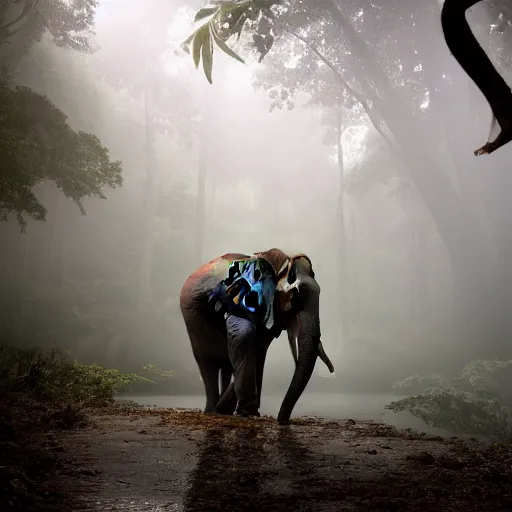 Image similar to an elephant octopus chimera, in a jungle with ominous light from above, ambient light, fog, river