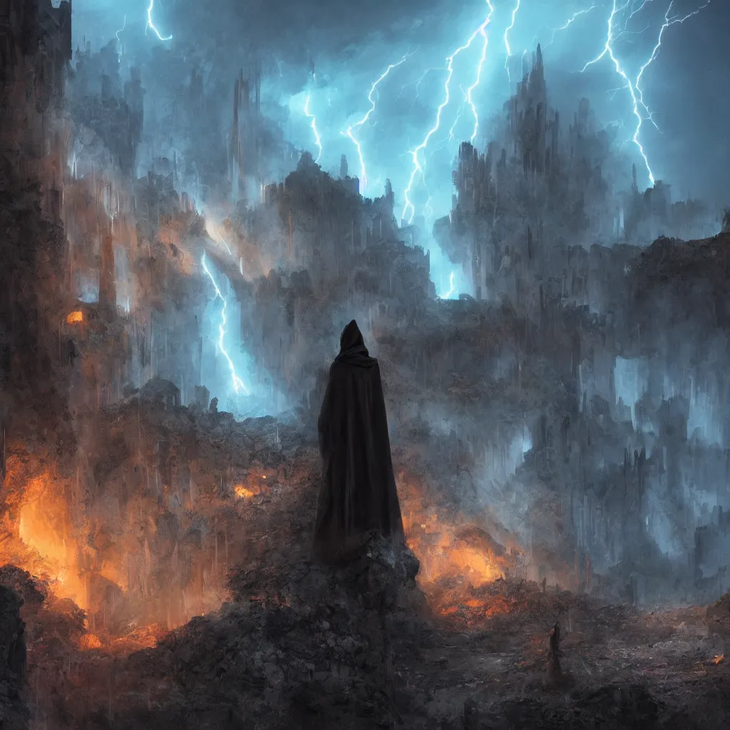 Image similar to a still of a cloaked figure standing in the ruins of crux prime, monastery, there is lightning, blue fiery maelstrom in the distance, it is raining, digital art, artstationhq