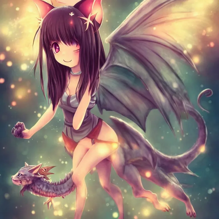 Image similar to cute, full body, female, anime style, a cat girl with fairy wings patting a dragon, large eyes, beautiful lighting, sharp focus, simple background, creative, heart effects, filters applied, illustration