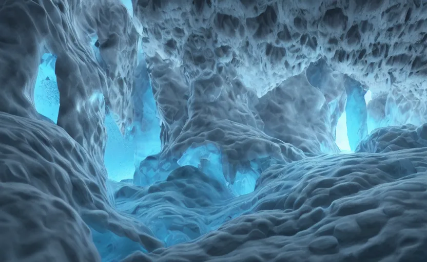 Image similar to liquid nitrogen mixed with blue water-cooling coolant flowing through latent representations of ice caverns, trending on artstation, cycles render, subsurface scattering, 4k