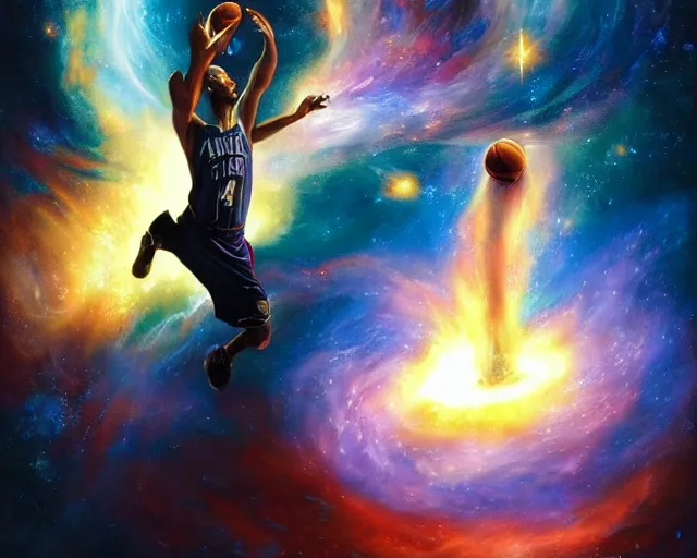 Prompt: cosmic basketball player dunking a basketball hoop in a nebula, an oil painting, by ( leonardo da vinci ) and greg rutkowski and rafal olbinski ross tran award - winning magazine cover
