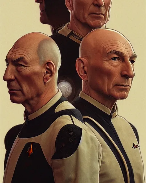 Prompt: Portrait of Jean Luc Picard & Kirk wearing spacesuits, real life skin, intricate, elegant, highly detailed, artstation, concept art, smooth, sharp focus, art by artgerm and greg rutkowski and alphonse mucha