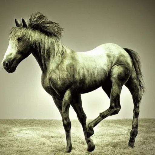 Image similar to real horse inside creepy scary nightmare atmosphere, realsitic