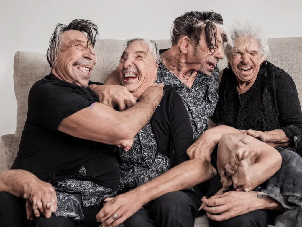 Prompt: close - up photo of a till lindemann sits on the couch with grandmother both laughing, natural lighting, wide lens, 4 k