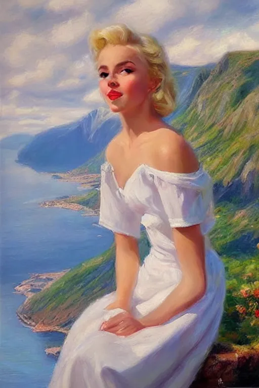 Image similar to 1950s beautiful!!! blonde looking over a Norwegian fjord, aesthetic!!! painting by Vladimir Volegov