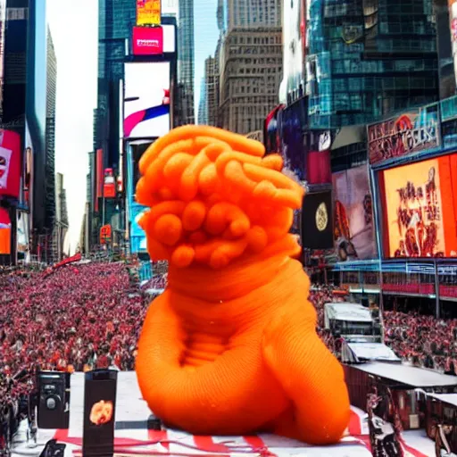 Prompt: photograph of Donald trump licking a giant Cheeto in times square