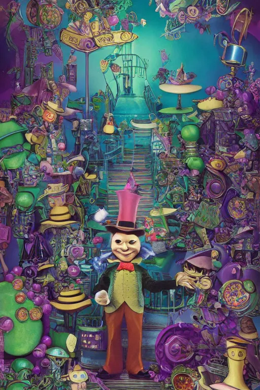 Image similar to whimsical pixar Johnny Depp in wonderland Willy Wonka's Chocolate Factory, Illustration, Colorful, insanely detailed and intricate, super detailed, by Lulu Chen, moebius, craig mullins