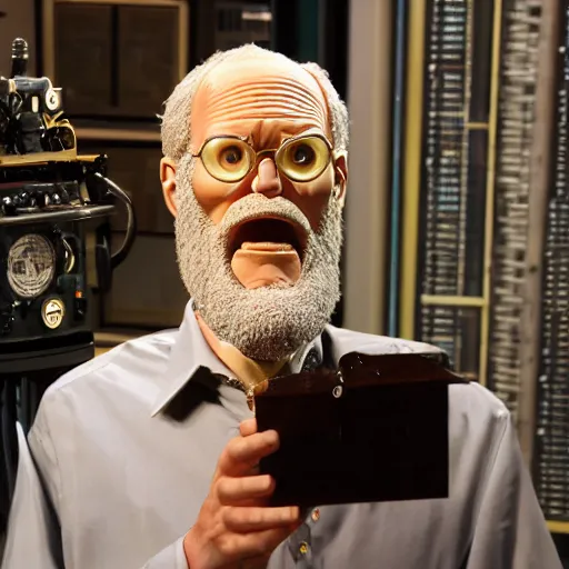 Image similar to animatronic David Letterman, exposed wires, photo, Stan Winston studios, detailed, 4k