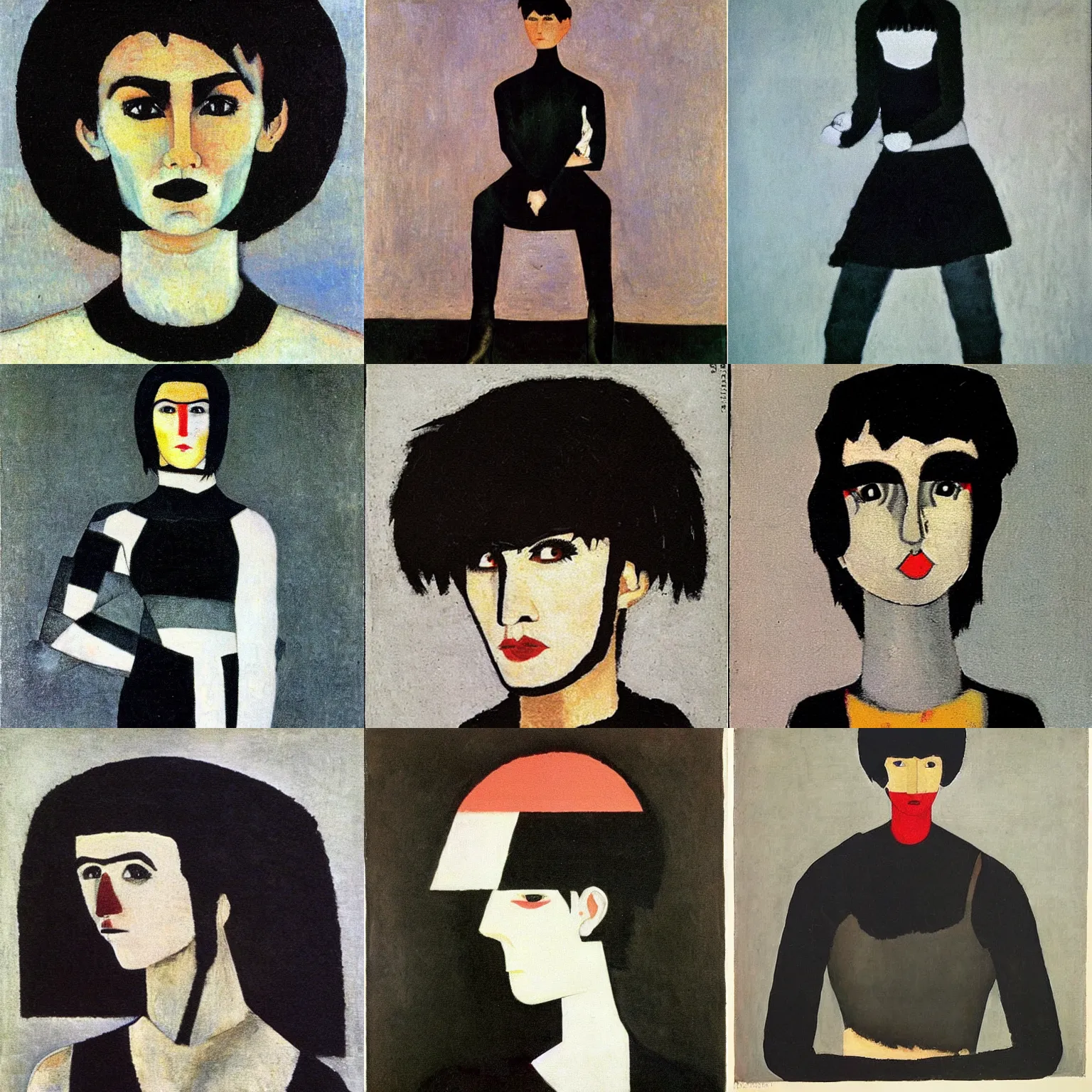 Prompt: an emo by kazimir malevich. her hair is dark brown and cut into a short, messy pixie cut. she has large entirely - black eyes. she is wearing a black tank top, a black leather jacket, a black knee - length skirt, a black choker, and black leather boots.