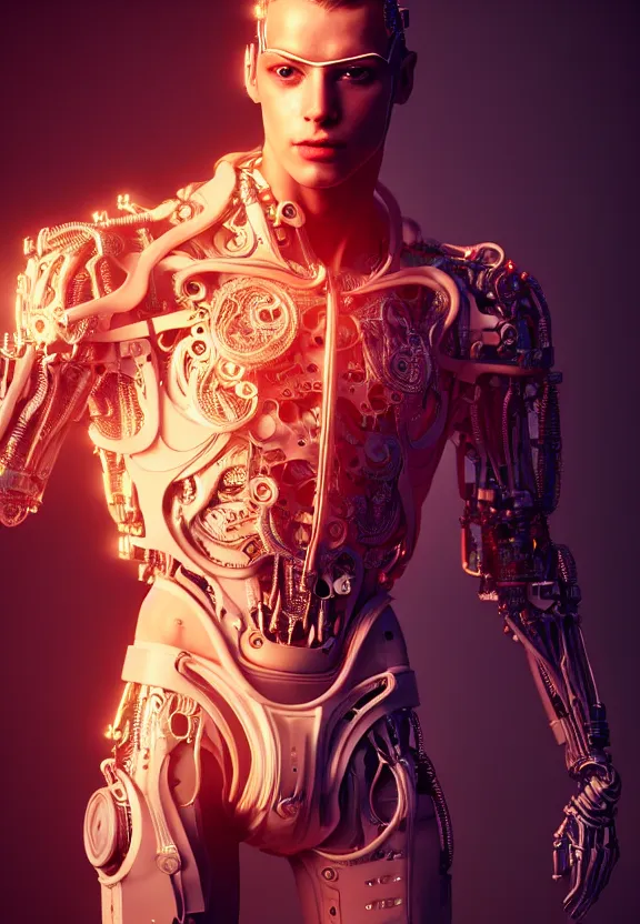 Prompt: ultra realist intricate detailed painting of a single attractive ( ( cyborg ) ) male, neon tech, model pose, art by vitaly bulgarov and nivanh chanthara, hyperrealistic, soft lighting, octane render