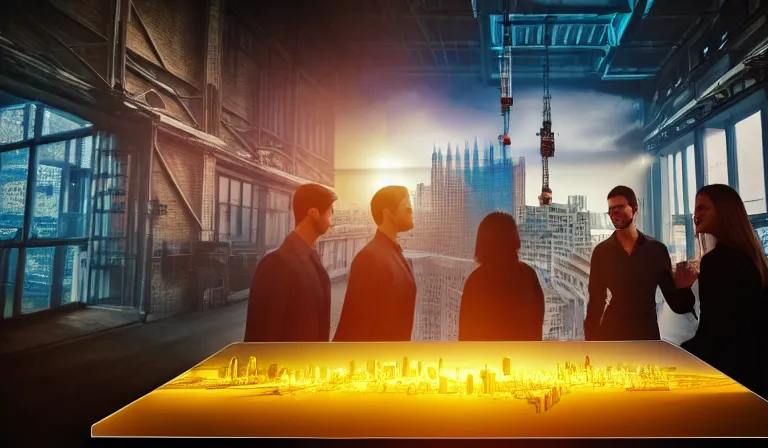 Prompt: group of people in walled warehouse, looking at hologram of futuristic city on a table, cinematic concept, godrays, golden hour, natural sunlight, 4 k, clear details, tabletop model buildings, center model buildings, hologram center, crane shot, crane shot, crane shot