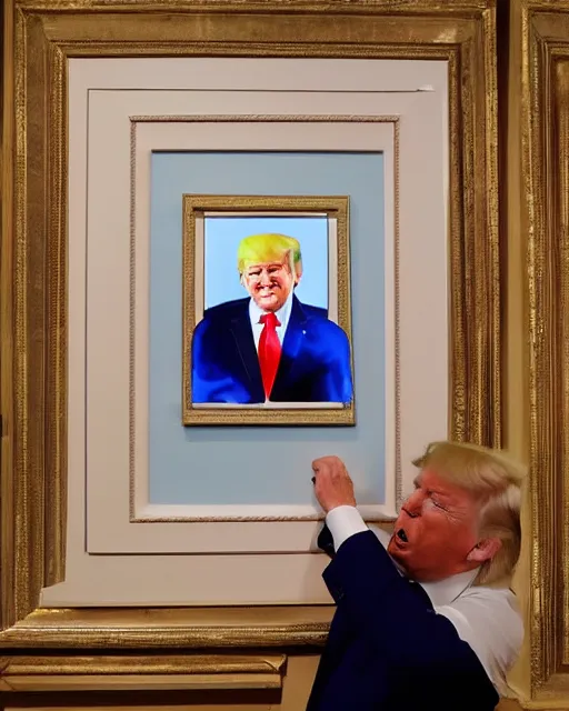 Prompt: a presidential portrait of donald trump in the style caricature artist dan springer hanging on a wall at mar - a - largo