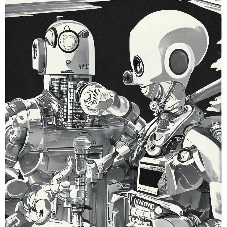 Prompt: 1950s future prediction of an artificial intelligent robot, hyper realistic 1950s advertising illustration, vapour wave, steampunk