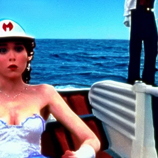 Prompt: highly detailed beautiful Dana Kaminsky on a boat in Super Mario Brothers movie