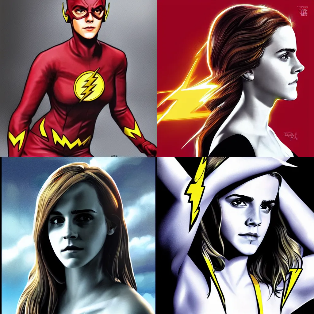 Prompt: Emma Watson as The Flash, digital painting, digital art by alex ross by brian bolland