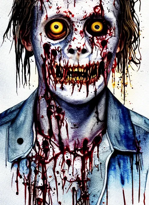 Image similar to zombie hollywood professional acting headshot, hyperrealism, david dennis, snl intermission photo, intricate detailed, studio lighting, charming expression gesicht, hauntingly beautiful zombie, watercolor art, epic, legendary, drawn and painted, colored layers, dulled contrast, exquisite fine art, splatterpaint