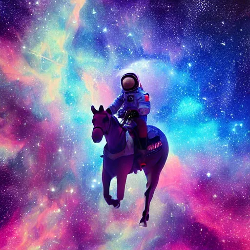 Image similar to astronaut riding a horse in space, colorful nebula in the background, digital painting,