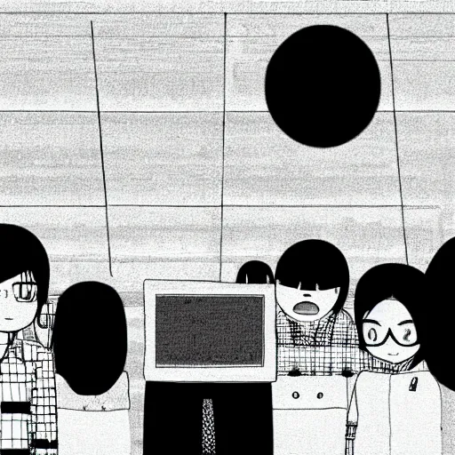 Image similar to a manga vignette with a japanese urban geometrical landscape, black and white, in style of inio asano