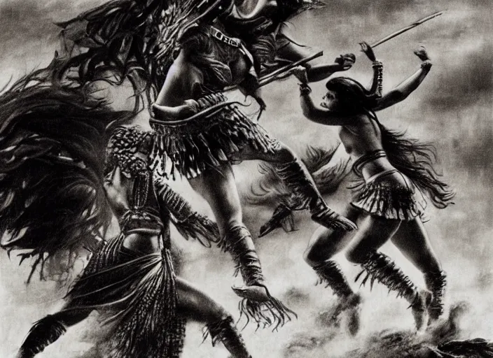 Image similar to movie, ancient Battlefield, beautiful aztec warrior females fight in air, epic, vintage, black and white, Boris vallejo, sepia, apocalypto