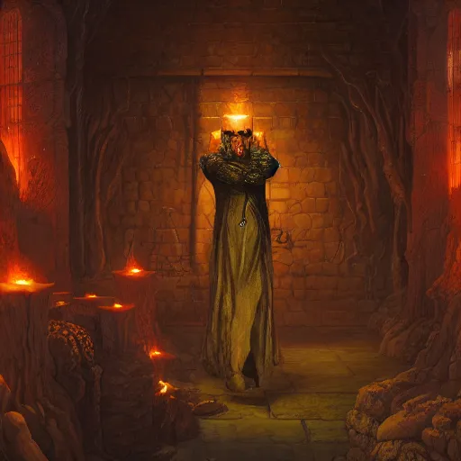 Prompt: digital painting of a sorcerer in a dungeon by Gerald Brom, hyperdetailed, intricate robe, torches, trending on Artstation