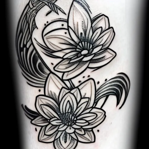 Prompt: black and white tattoo, koi fish, japanese traditional style, camelia flowers, stylized,