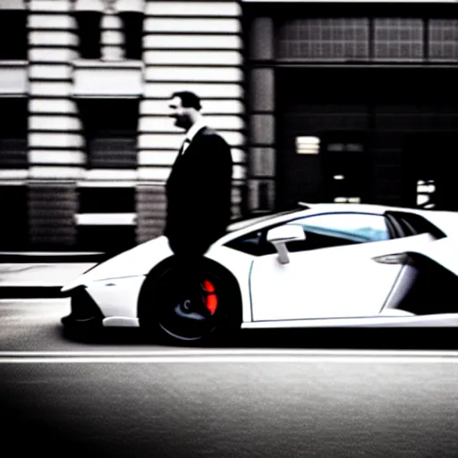 Image similar to black and white press photograph of a man in a suit pushing a lamborghini that is out of gas on a busy city street, sideview, detailed, natural light, mist, film grain, soft vignette, sigma 5 0 mm f / 1. 4 1 / 1 0 sec shutter, imax 7 0 mm footage