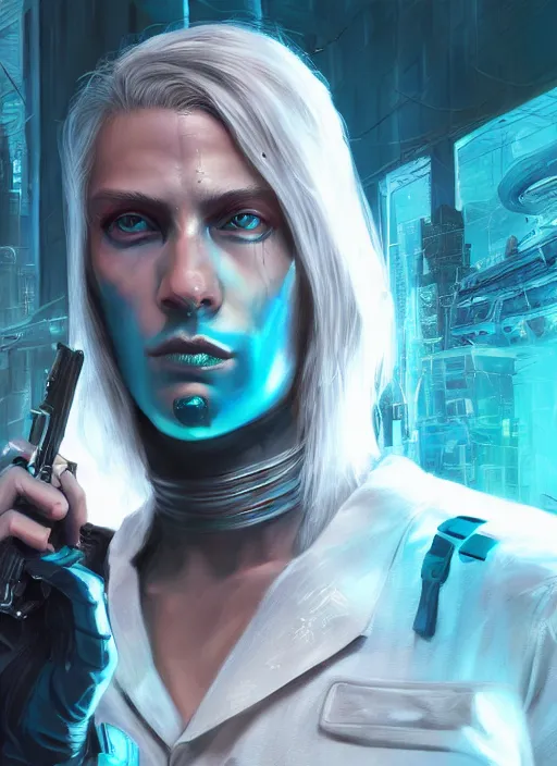 Prompt: an epic fantastic realism comic book style portrait painting of cyberpunk assassin, teal energy, young beautiful blonde male teenage boy, silver hair, d & d concept art, unreal 5, daz, hyperrealistic, octane render, cosplay, rpg portrait, dynamic lighting