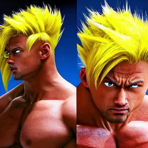Prompt: Dwayne Johnson with yellow Goku hair, hyper realistic photo, photography, profile picture