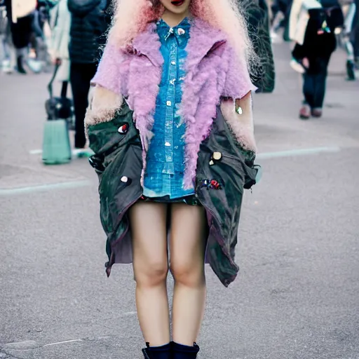 Image similar to a cute young woman with messy curly pastel hair, harajuku fashion, In the style of lya kushinov, Avetetsuya Studios