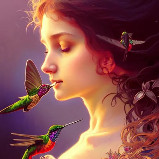 Image similar to Portrait of a girl exhaling smoke being surrounded by hummingbirds, face, fantasy, intricate, elegant, highly detailed, digital painting, artstation, concept art, smooth, sharp focus, illustration, art by Fernanda Suarez and Artem Demura and alphonse mucha