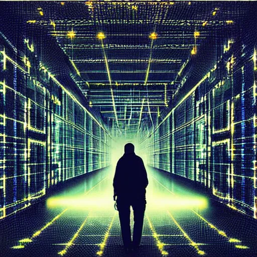 Image similar to “ man walking into a glitch portal, simulated reality, illusion ”