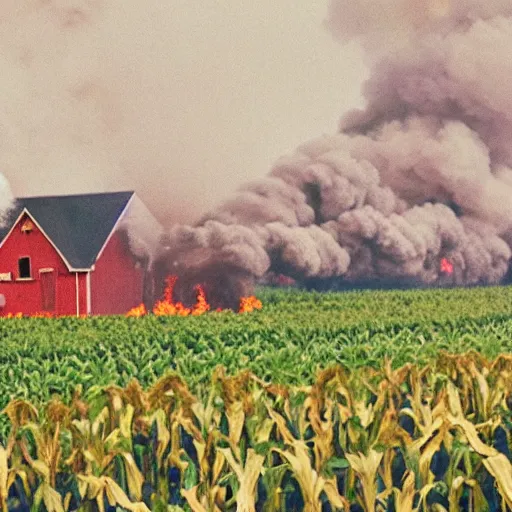 Image similar to a small vintage farm on fire in a corn field