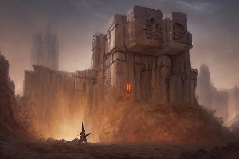 Prompt: fantasy painting, dungeons and dragons, a brutalist fortress overlooks a medieval village hovels with a stream in a desert plain sunset with ominous shadows, a bunny by jessica rossier and brian froud cinematic painting