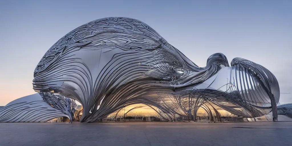 Prompt: extremely detailed ornate stunning sophisticated beautiful elegant futuristic museum exterior by Zaha Hadid, stunning volumetric light, sunset, 8k dragonfly structural pattern