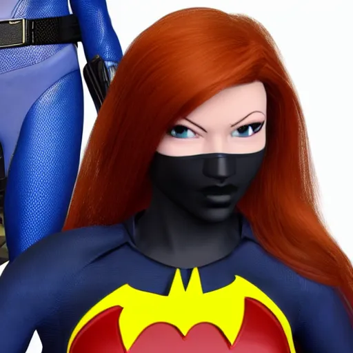 Prompt: Barbara Gordon with her Batgirl mask off gorgeous face and dark red hair with her Superhero outfit half unzipped 8k ultra realistic