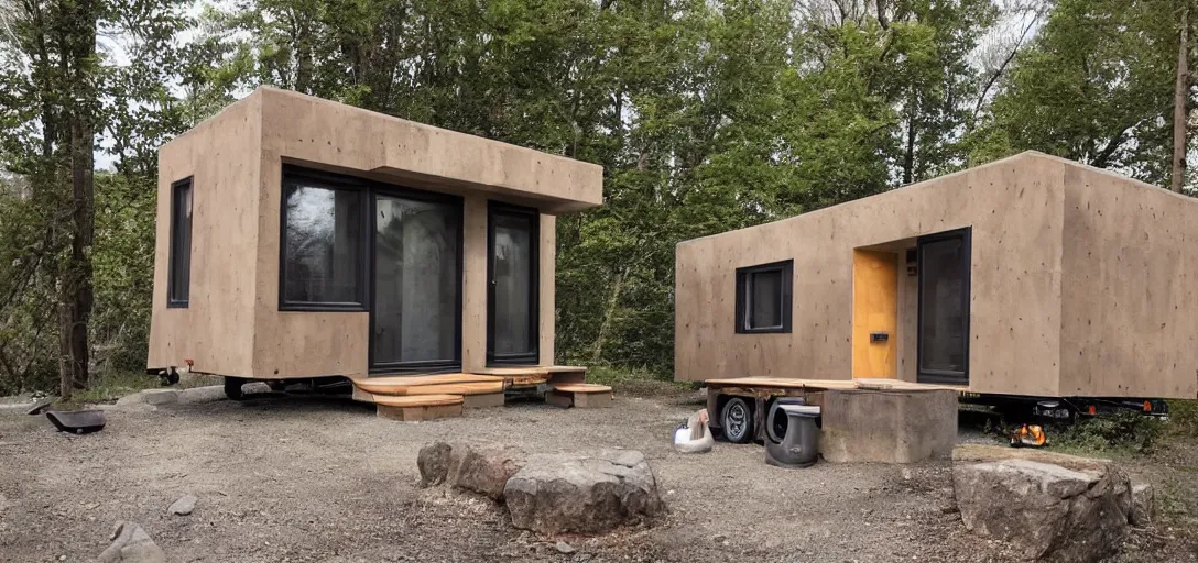 Image similar to brutalist tiny home on trailer, made of stone.