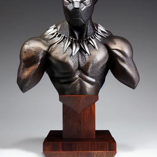 Image similar to a real - world sculpture bust of the black panther marvel character, made of highly polished walnut wood, polished, cedar, polished tiger - wood. photograph, photographic, 3 5 mm