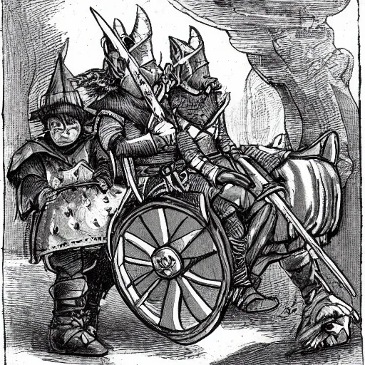 Prompt: illustration of a cart being ridden by a halfling wizard, high elf ranger, dragonborn, elven bard, dungeons and dragons