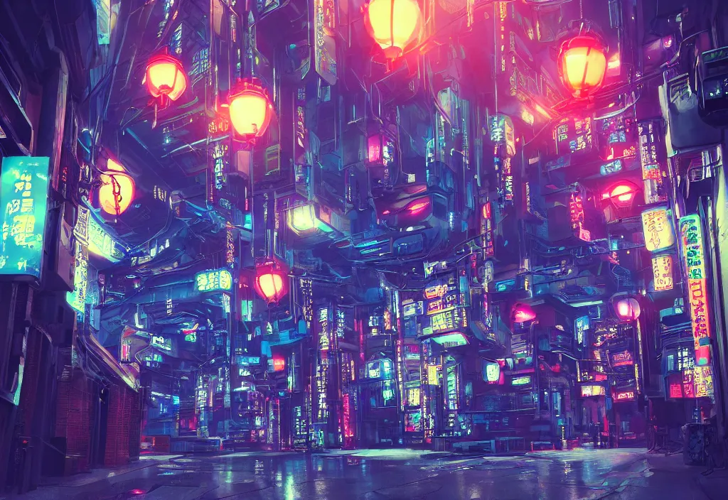 Image similar to a futuristic cyberpunk japanese izayaka alley with neon lights and lanterns, soft glow, intricate, cybernetic, viewed at 3 / 4 angle, trending on artstation, octane render, unreal engine, colorful, in the style of chris foss, rodger dean, moebius, michael whelan, and gustave dore