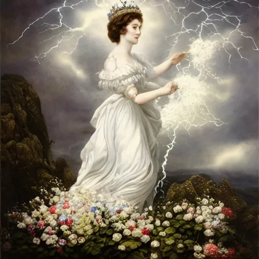 Image similar to meredit frampton a queen with a white large magnificent more and more vaporous ,wrapped ,hight decorated,detailed ,white roses cotton dress shooting surrounded by a bouquet of abstract white flowers and clouds during lightning storm ,surrealism 8k