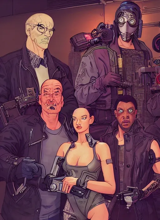 Image similar to cyberpunk heist crew. portrait by stonehouse and mœbius and will eisner and gil elvgren and pixar. character design. realistic proportions. dystopian. cyberpunk 2 0 7 7, apex, blade runner 2 0 4 9 concept art. cel shading. attractive face. thick lines.