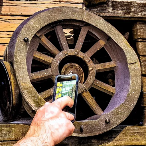 Image similar to fingers on a watermill wheel swiping up on a smartphone