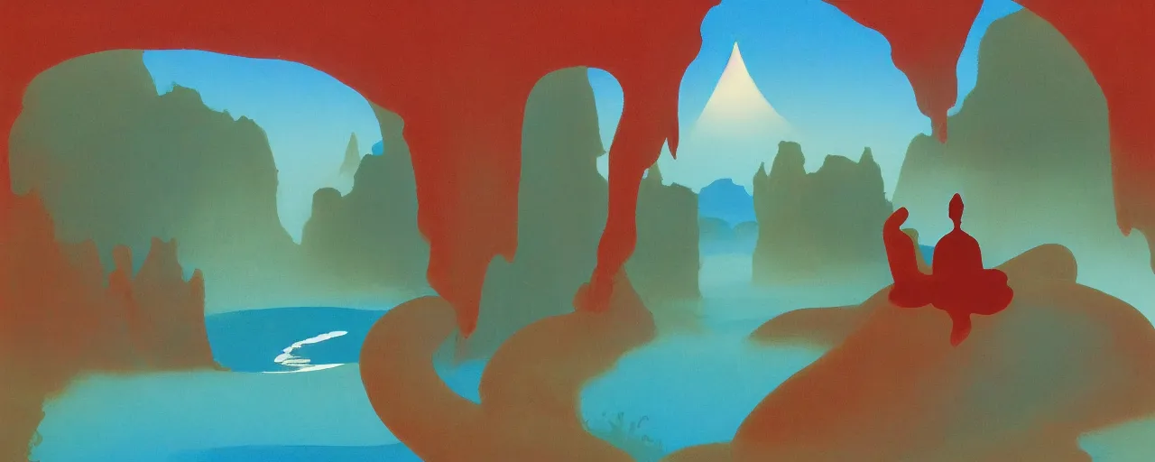 Image similar to deep desert, oasis, water lake, mirage, sand mists, red sandstone natural sculptures, desert flowers, subtle color variations, gentle mists, a white robed benevolent magician clothed in a royal garment in contemplation meditating upon God, by Eyvind Earle and Mary Blair