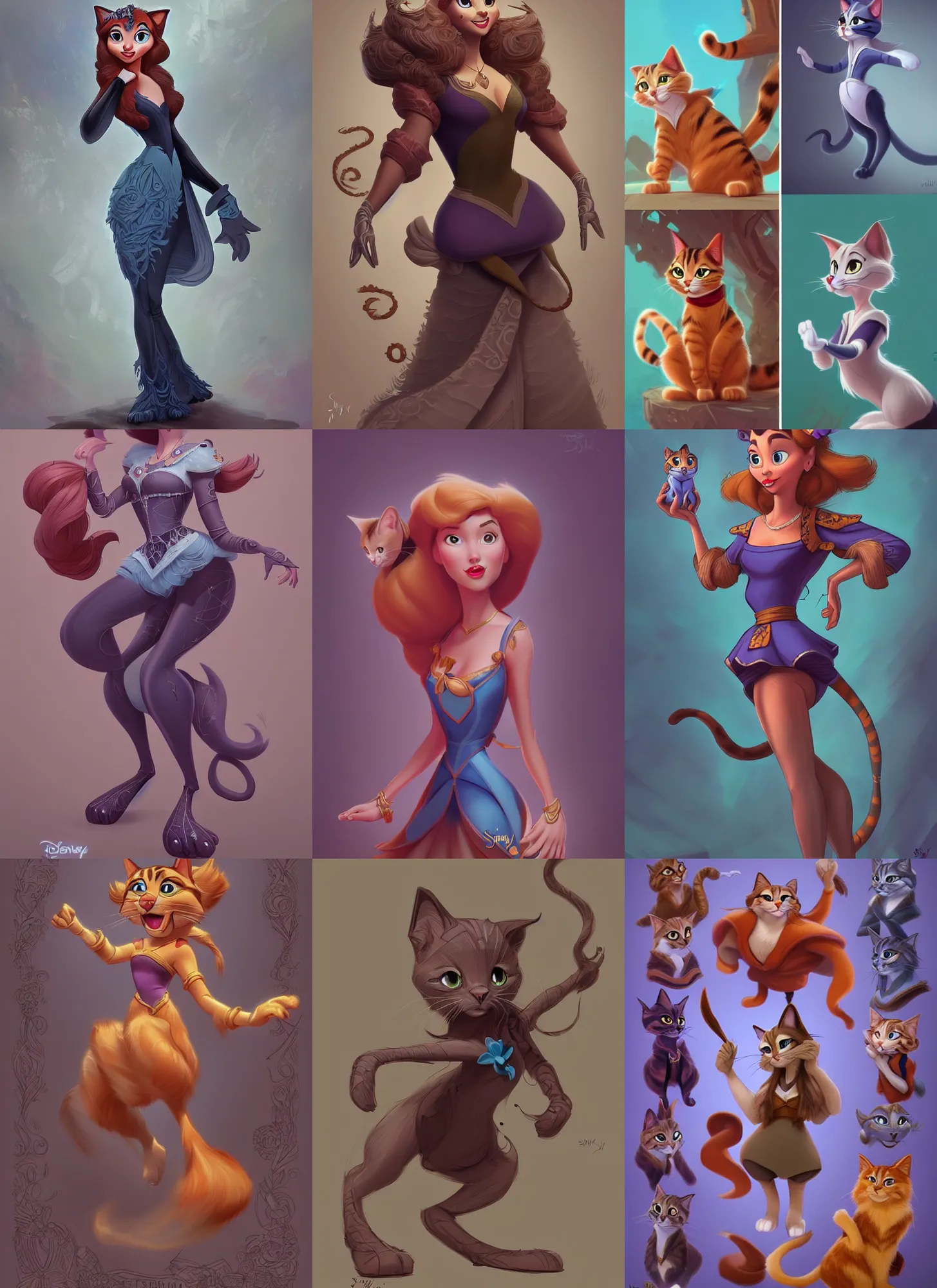 Prompt: various disney characters combined with cats 2 0 1 9, fullbody dynamic poses, fantasy, intricate, elegant, highly detailed, digital painting, artstation, concept art, matte, sharp focus, illustration, art by sinix and marco bucci