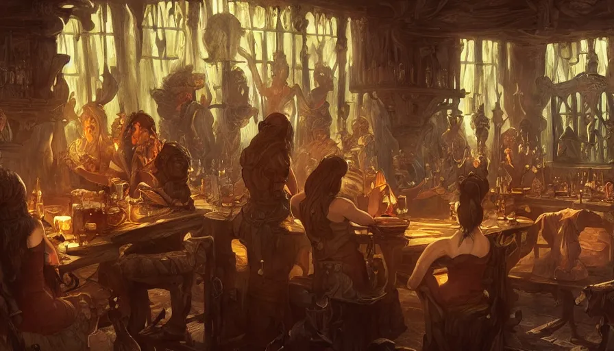 Prompt: tavern, fame of thrones, pinup. lord of daggers, past, neon, fibonacci, sweat drops, insane, intricate, highly detailed, digital painting, artstation, concept art, smooth, sharp focus, illustration, Unreal Engine 5, 8K, art by artgerm and greg rutkowski and alphonse mucha