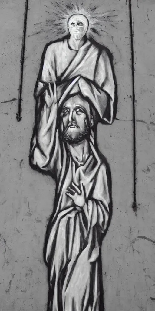 Prompt: monochromatic black graffiti spray-paint mural of blindfolded Jesus wearing a white linen blindfold, arms outstretched, rays of light emanate from his fingers, painted on a concrete wall by Minerva Teichert in the style of Orthodox iconography, Portra 400