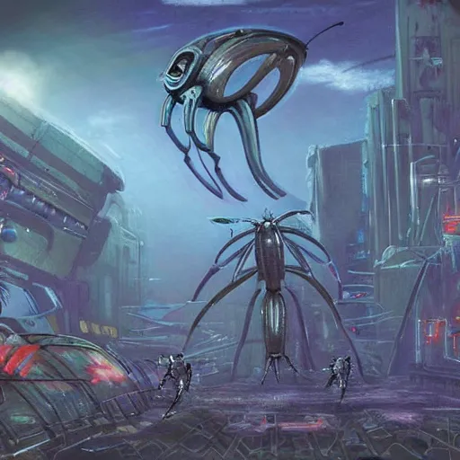 Image similar to concept art of a cyberpunk insectoid underwater alien and its minions, 1 9 4 0 s weapons